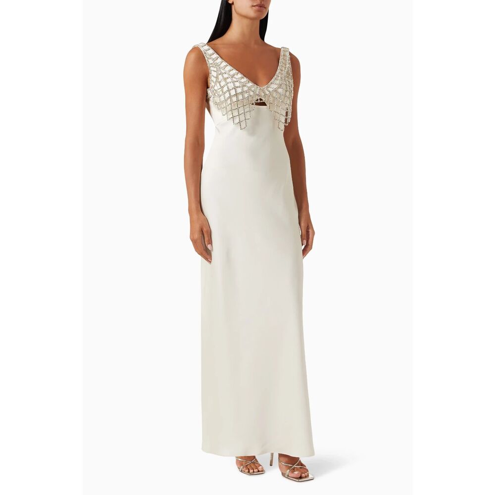 Self-Portrait Diamanté Bralette Maxi Dress in Cream Ivory Satin Rhinestone US 2